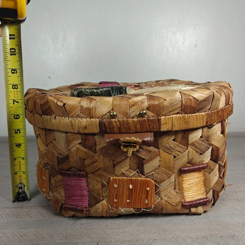 Vintage Handwoven Wicker Sewing Basket With Lid & Decorative Accents